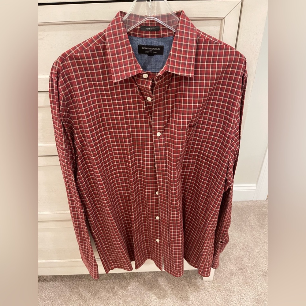 Men’s Banana Republic Oxford Button Up Shirt Checkered Red Size XL Slim Fit